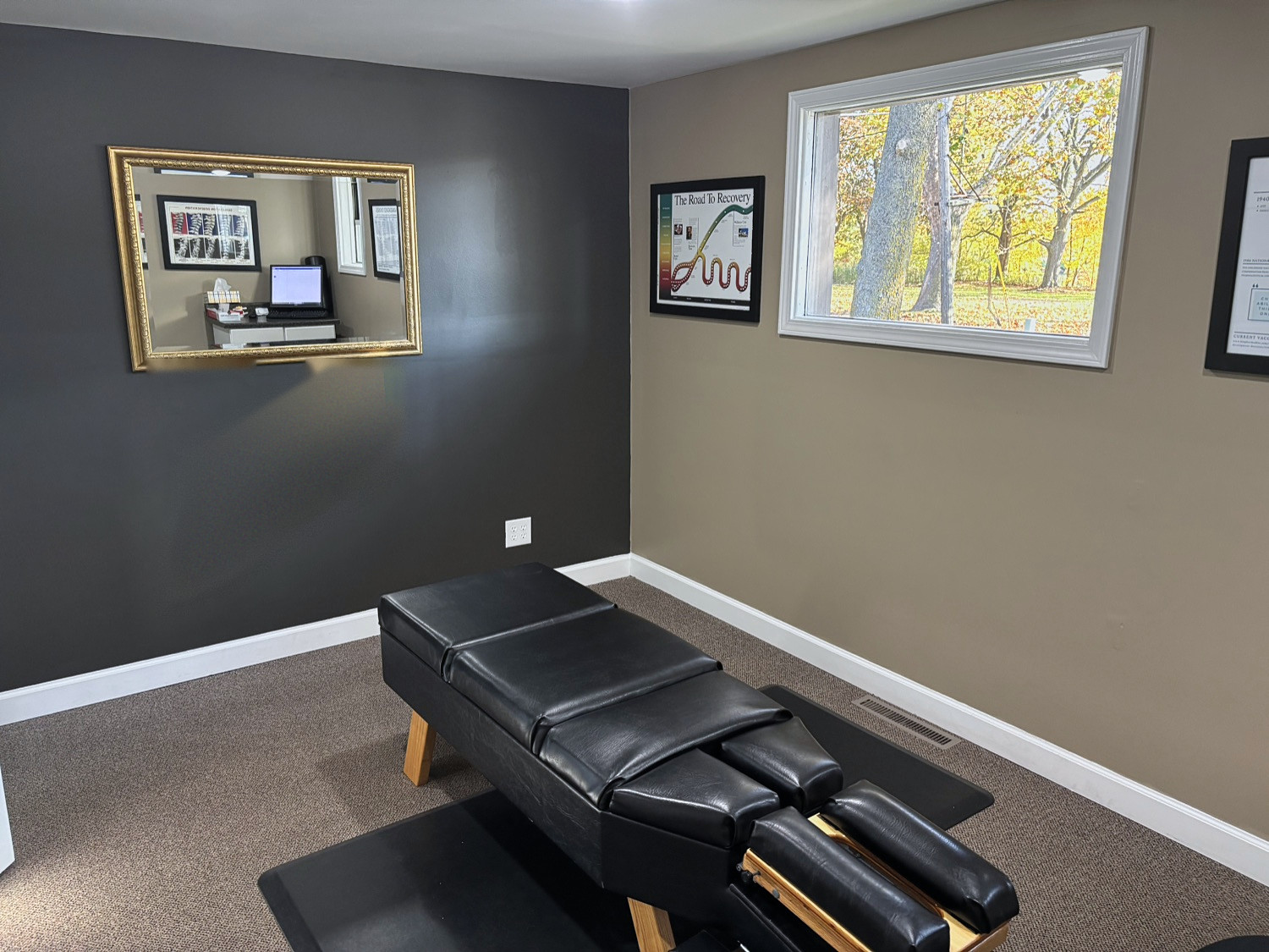 Chiropractic adjustment table beside a window in a Kalamazoo treatment room