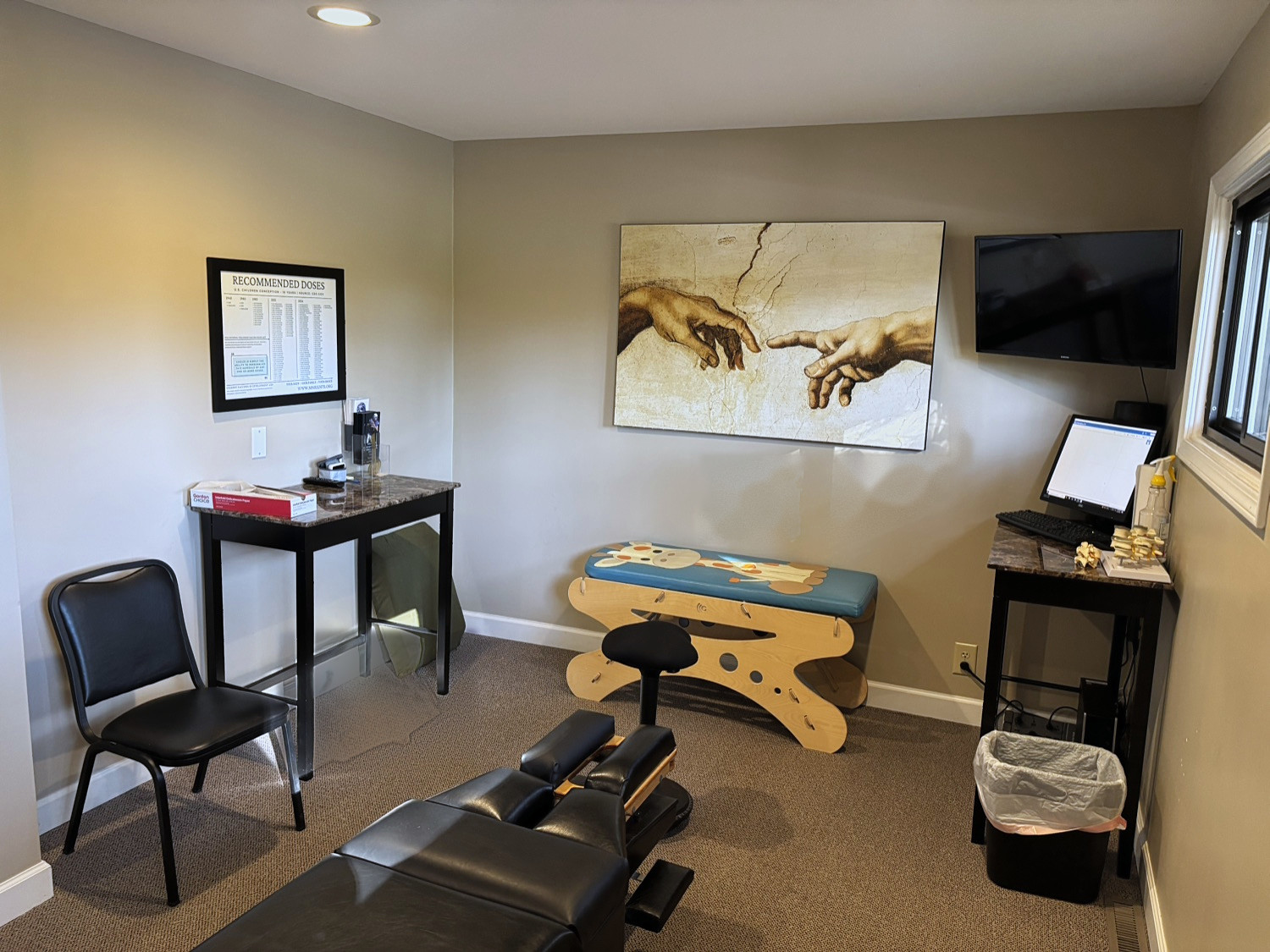 Kid-friendly pediatric chiropractic room with a giraffe bench at our Kalamazoo clinic